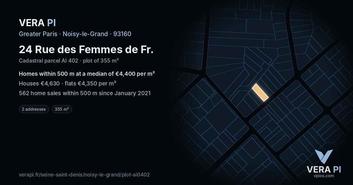 24 Rue des Femmes de Fr, Noisy-le-Grand at night – the plot lit, the parcels around coloured by the prices near them