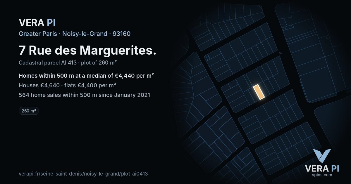 7 Rue des Marguerites, Noisy-le-Grand at night – the plot lit, the parcels around coloured by the prices near them
