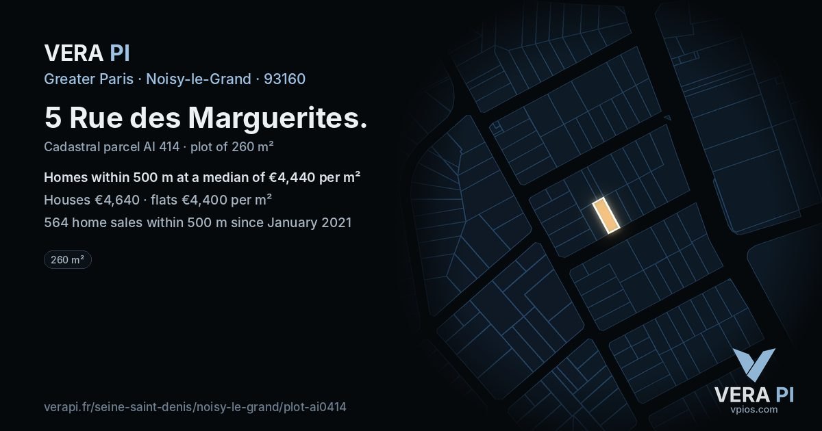 5 Rue des Marguerites, Noisy-le-Grand at night – the plot lit, the parcels around coloured by the prices near them