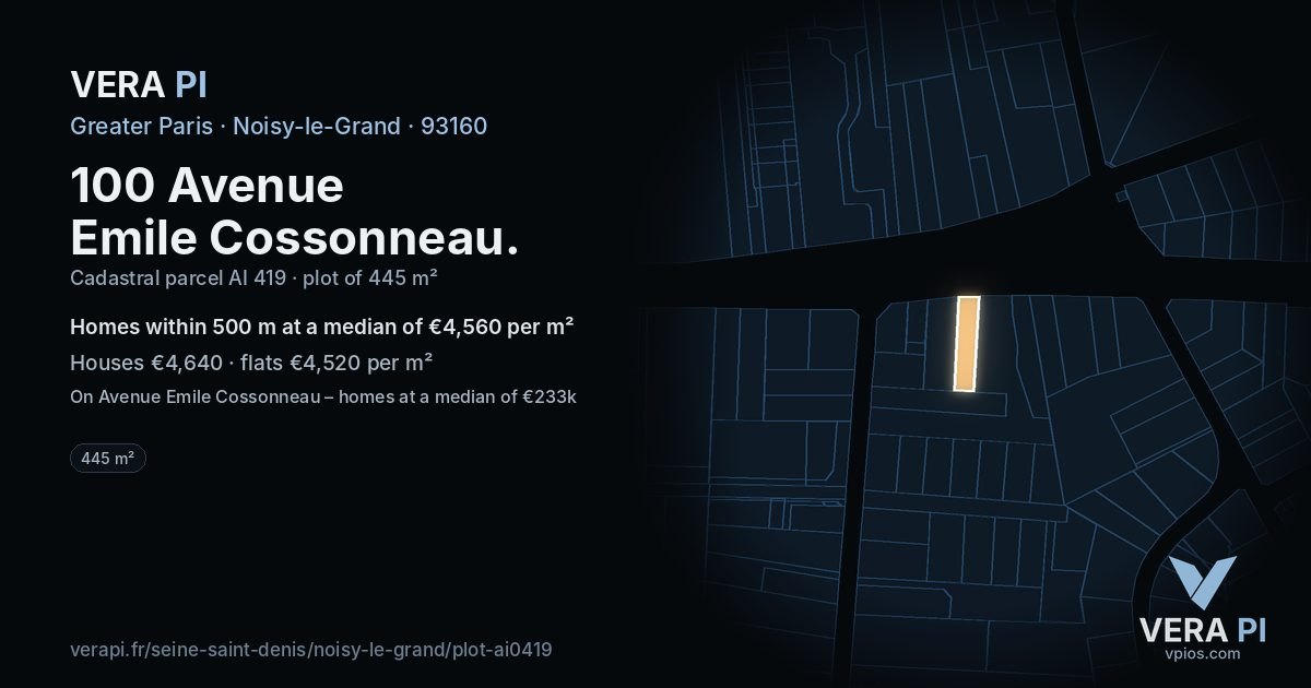 100 Avenue Emile Cossonneau, Noisy-le-Grand at night – the plot lit, the parcels around coloured by the prices near them