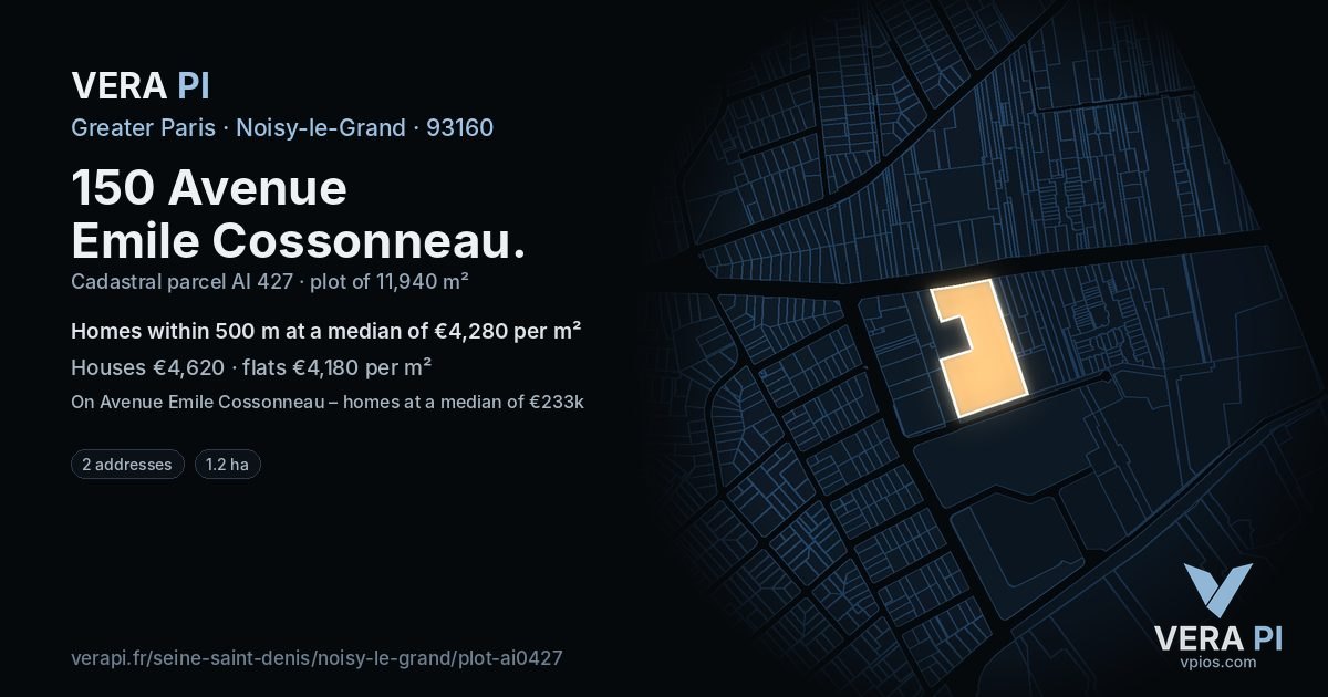 150 Avenue Emile Cossonneau, Noisy-le-Grand at night – the plot lit, the parcels around coloured by the prices near them