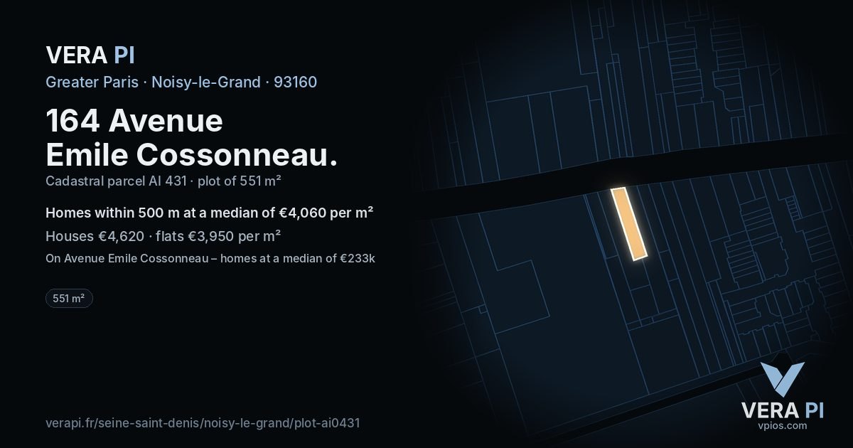 164 Avenue Emile Cossonneau, Noisy-le-Grand at night – the plot lit, the parcels around coloured by the prices near them