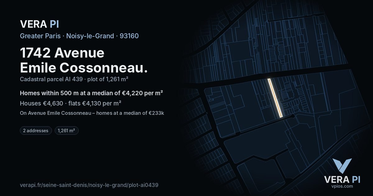 1742 Avenue Emile Cossonneau, Noisy-le-Grand at night – the plot lit, the parcels around coloured by the prices near them
