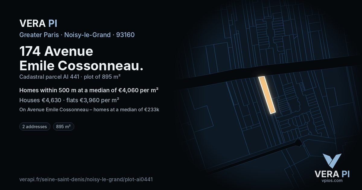 174 Avenue Emile Cossonneau, Noisy-le-Grand at night – the plot lit, the parcels around coloured by the prices near them