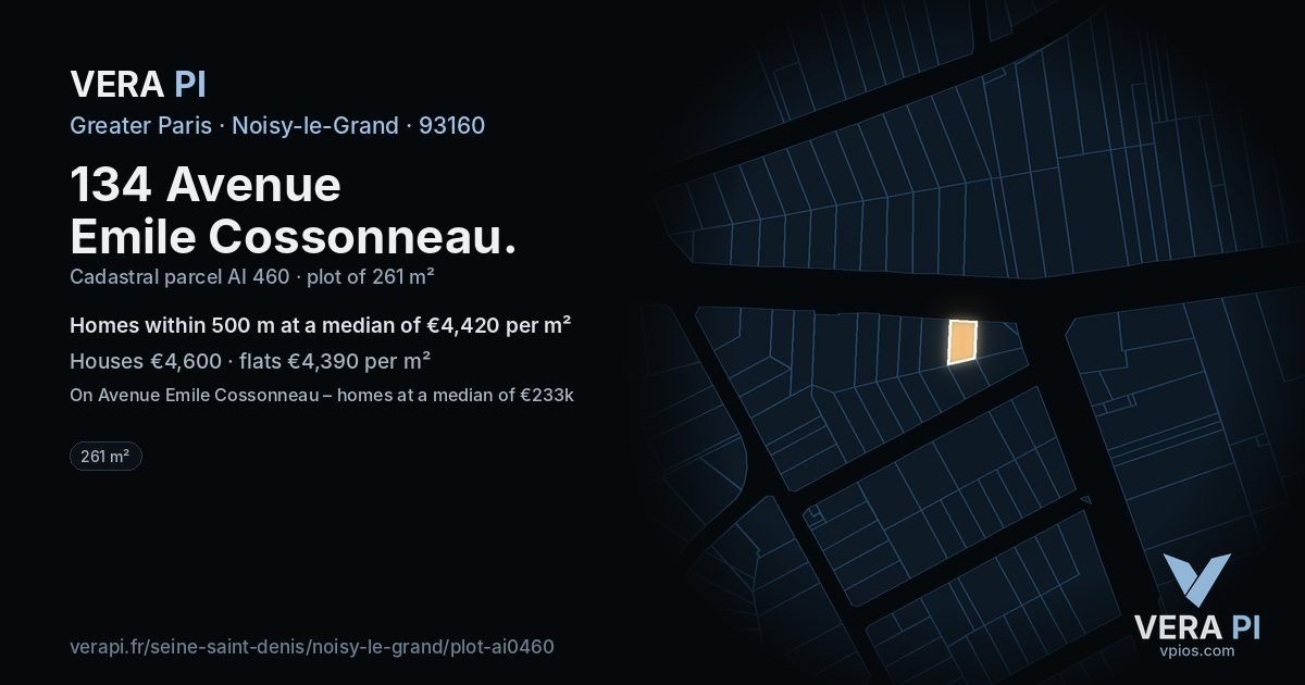 134 Avenue Emile Cossonneau, Noisy-le-Grand at night – the plot lit, the parcels around coloured by the prices near them