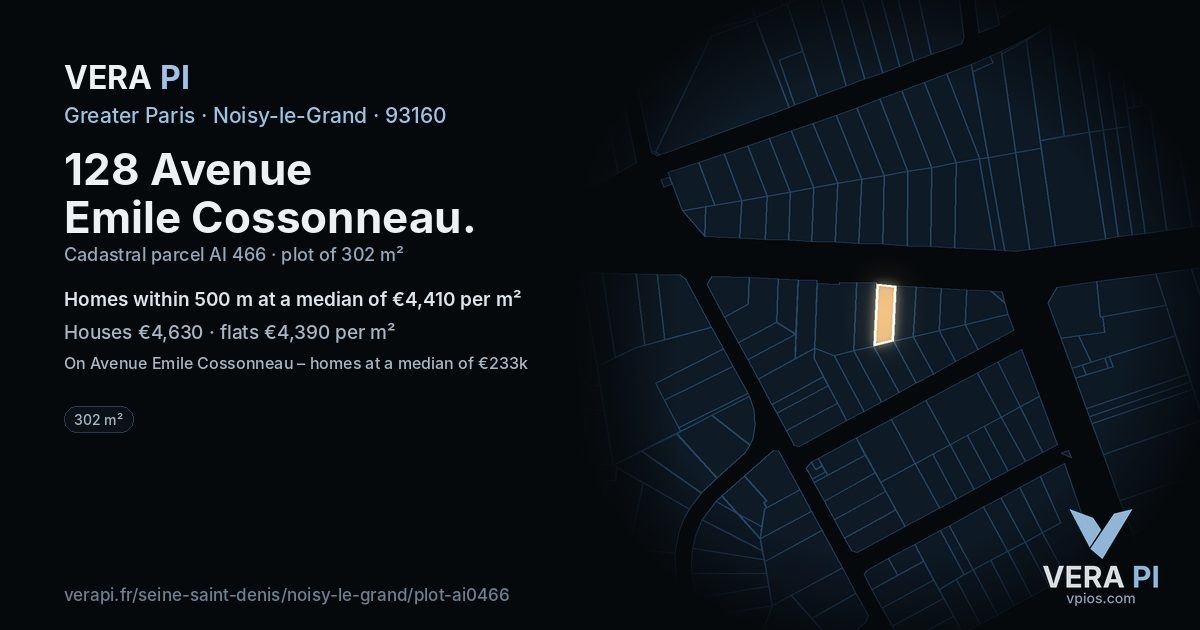 128 Avenue Emile Cossonneau, Noisy-le-Grand at night – the plot lit, the parcels around coloured by the prices near them