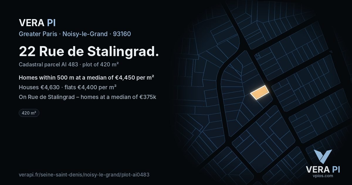 22 Rue de Stalingrad, Noisy-le-Grand at night – the plot lit, the parcels around coloured by the prices near them