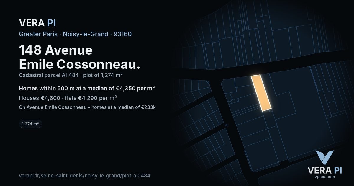 148 Avenue Emile Cossonneau, Noisy-le-Grand at night – the plot lit, the parcels around coloured by the prices near them