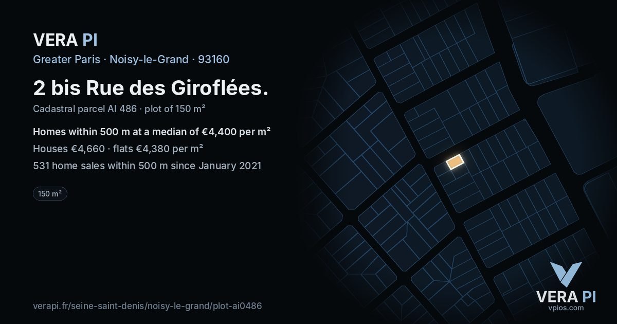 2 bis Rue des Giroflées, Noisy-le-Grand at night – the plot lit, the parcels around coloured by the prices near them