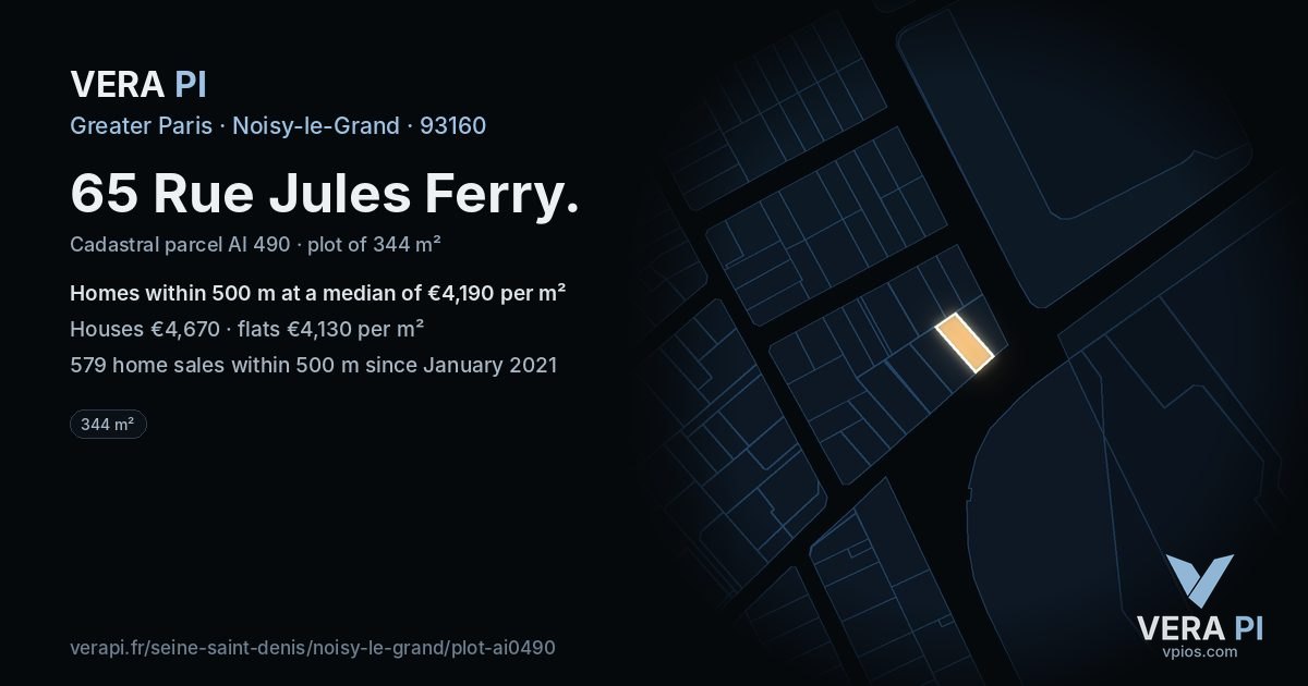 65 Rue Jules Ferry, Noisy-le-Grand at night – the plot lit, the parcels around coloured by the prices near them