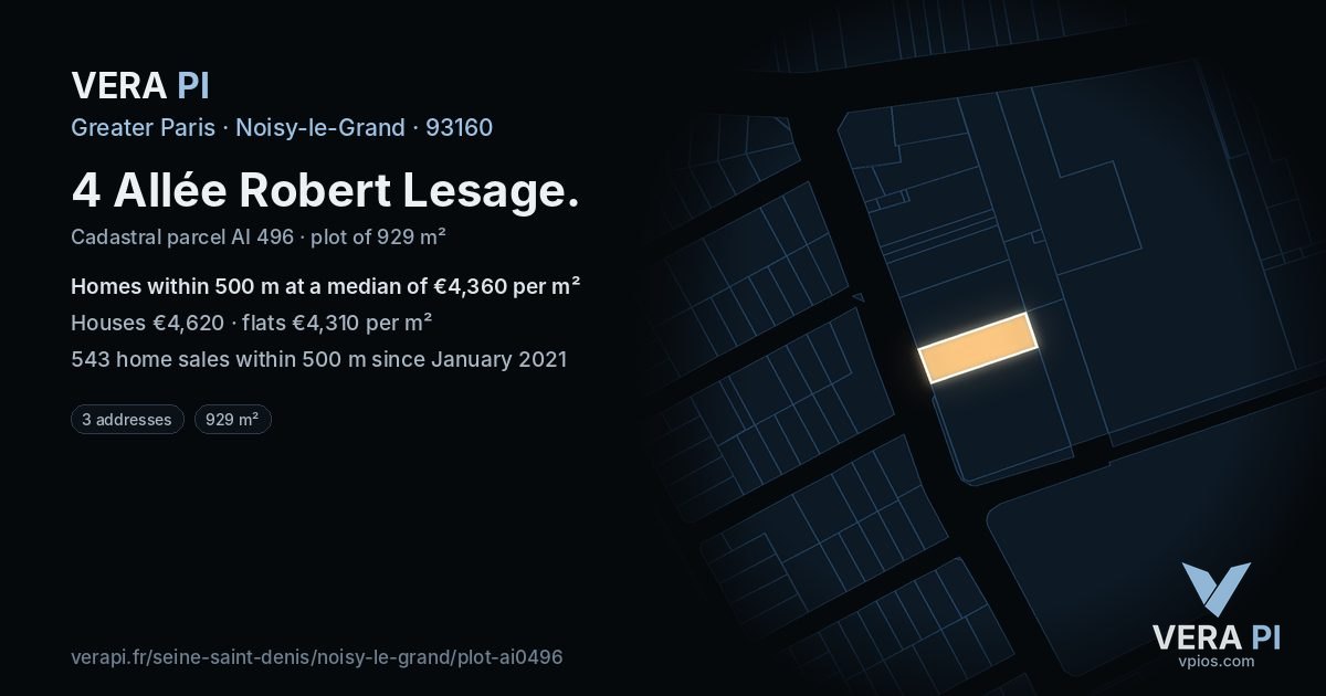 4 Allée Robert Lesage, Noisy-le-Grand at night – the plot lit, the parcels around coloured by the prices near them