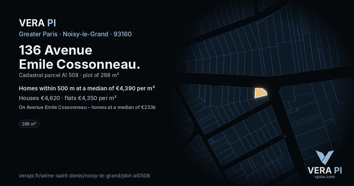 136 Avenue Emile Cossonneau, Noisy-le-Grand at night – the plot lit, the parcels around coloured by the prices near them