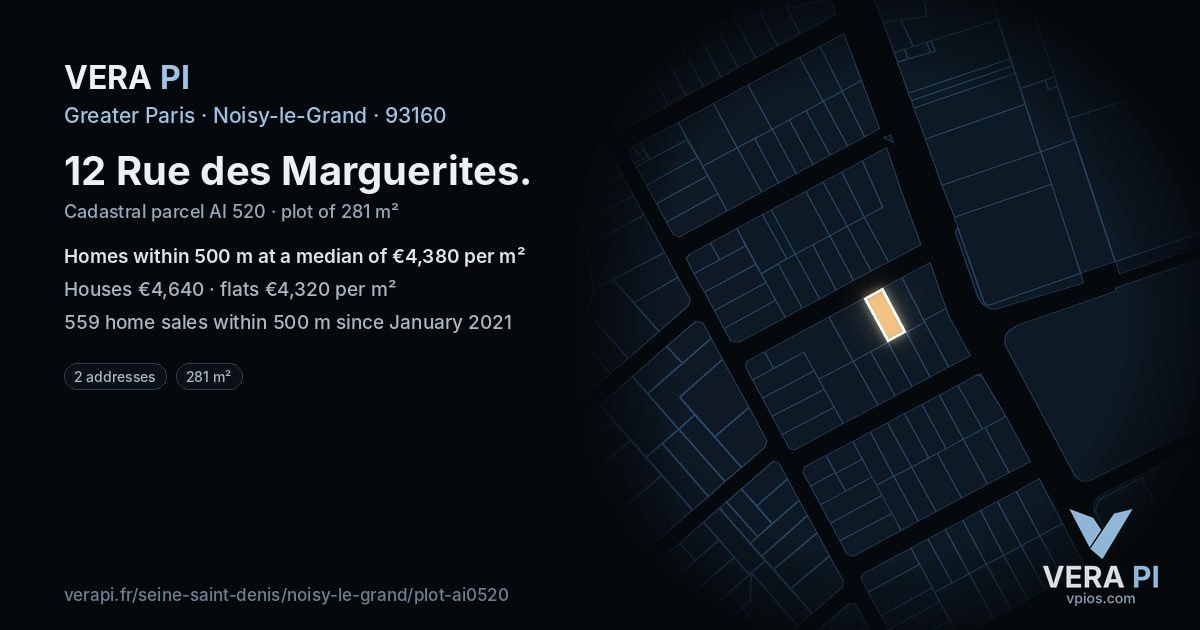 12 Rue des Marguerites, Noisy-le-Grand at night – the plot lit, the parcels around coloured by the prices near them