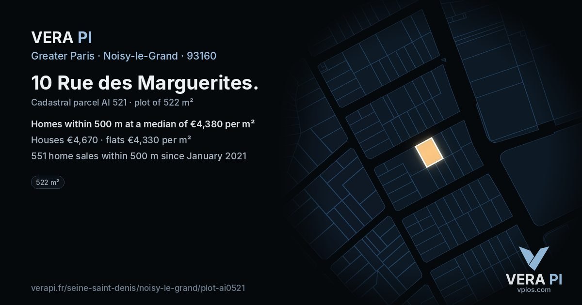 10 Rue des Marguerites, Noisy-le-Grand at night – the plot lit, the parcels around coloured by the prices near them