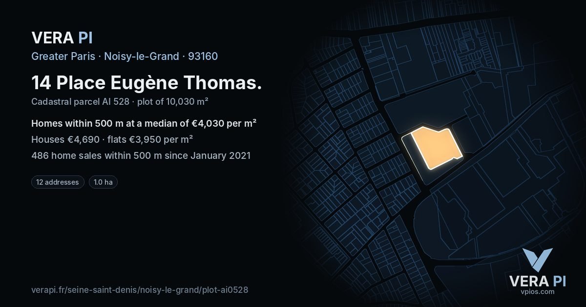 14 Place Eugène Thomas, Noisy-le-Grand at night – the plot lit, the parcels around coloured by the prices near them