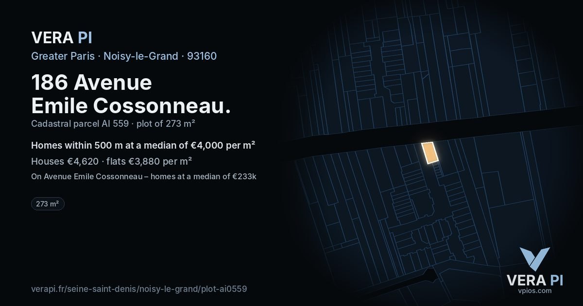 186 Avenue Emile Cossonneau, Noisy-le-Grand at night – the plot lit, the parcels around coloured by the prices near them