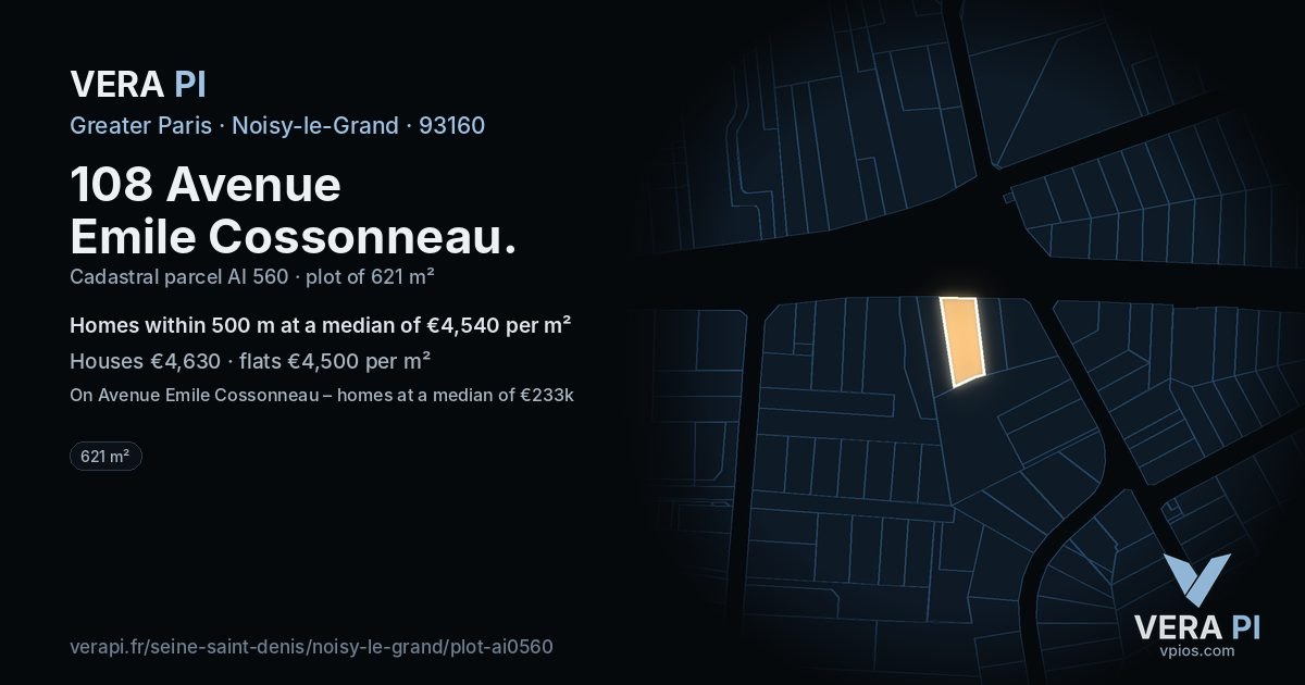 108 Avenue Emile Cossonneau, Noisy-le-Grand at night – the plot lit, the parcels around coloured by the prices near them