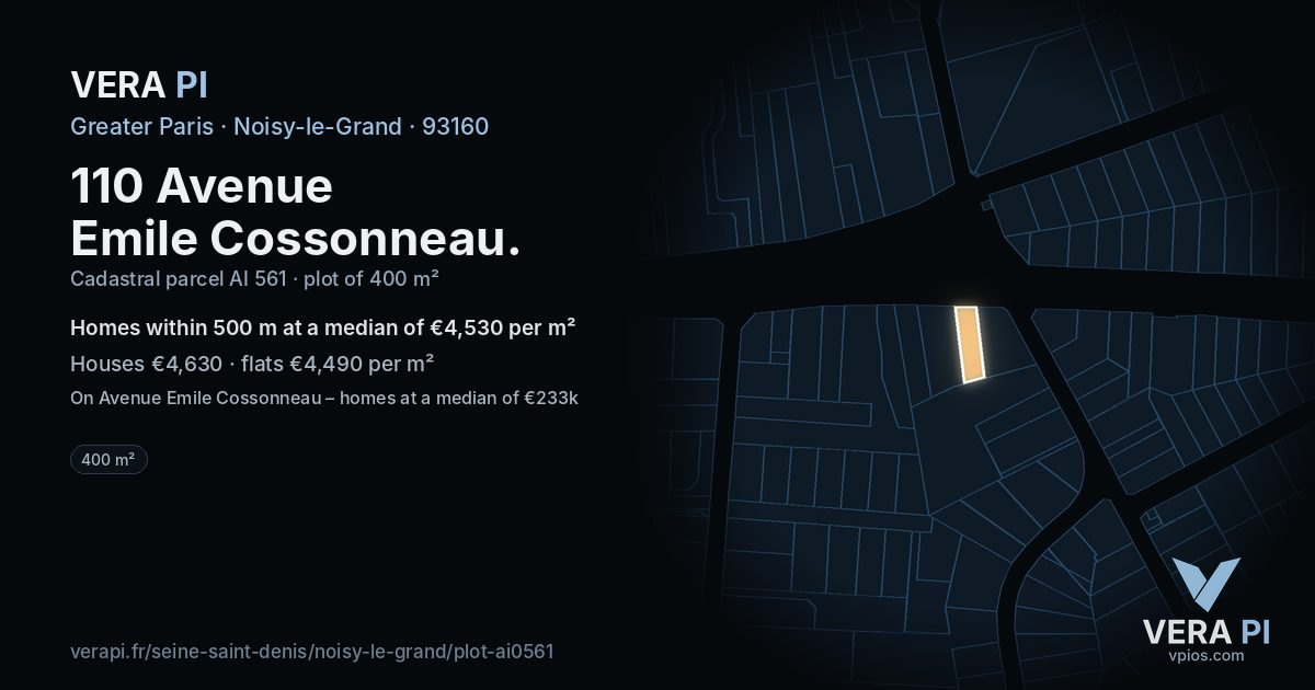 110 Avenue Emile Cossonneau, Noisy-le-Grand at night – the plot lit, the parcels around coloured by the prices near them