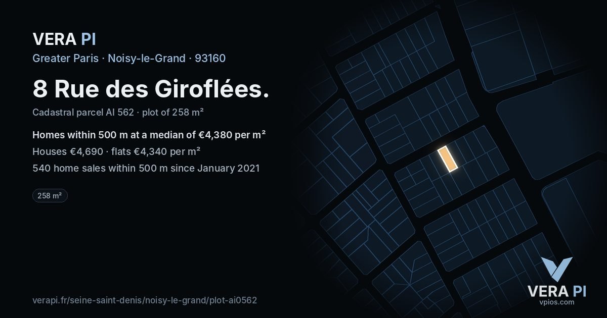 8 Rue des Giroflées, Noisy-le-Grand at night – the plot lit, the parcels around coloured by the prices near them