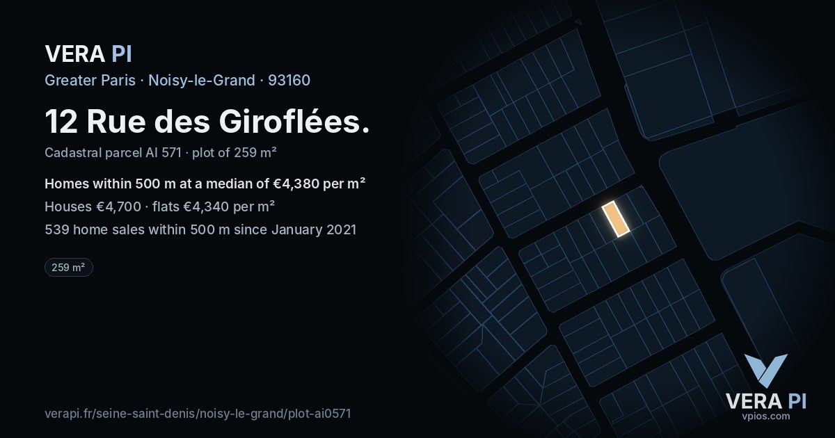 12 Rue des Giroflées, Noisy-le-Grand at night – the plot lit, the parcels around coloured by the prices near them