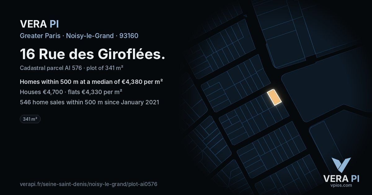 16 Rue des Giroflées, Noisy-le-Grand at night – the plot lit, the parcels around coloured by the prices near them
