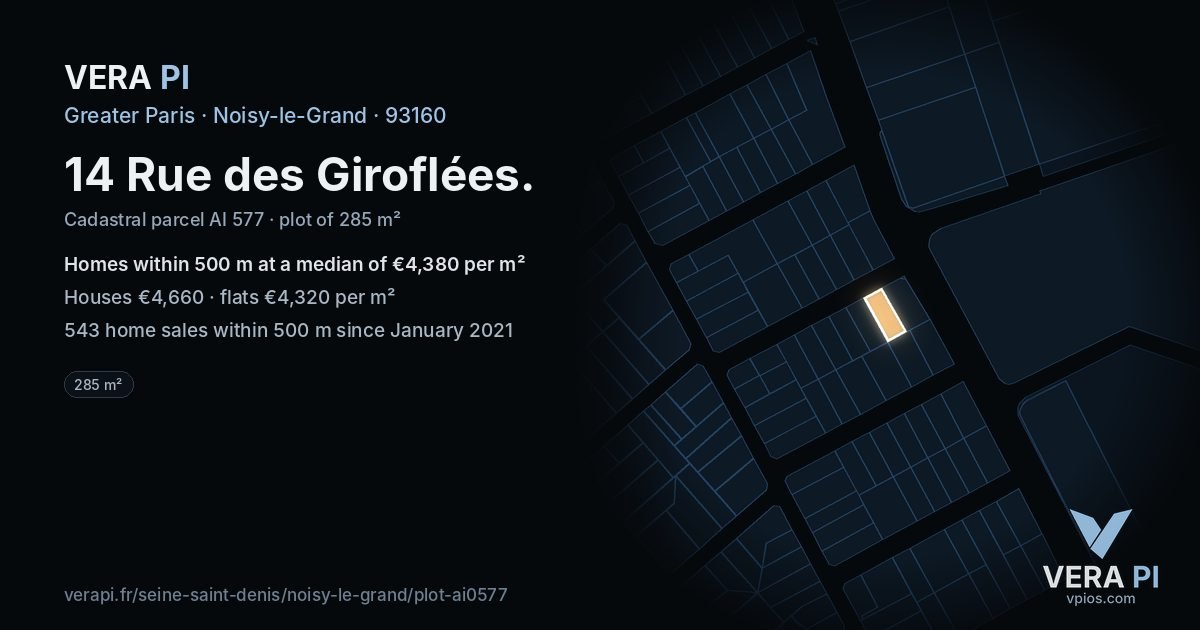 14 Rue des Giroflées, Noisy-le-Grand at night – the plot lit, the parcels around coloured by the prices near them