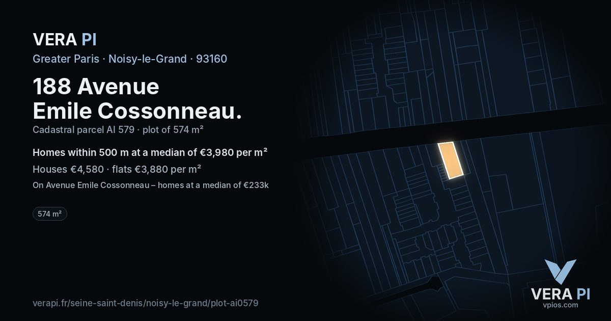 188 Avenue Emile Cossonneau, Noisy-le-Grand at night – the plot lit, the parcels around coloured by the prices near them