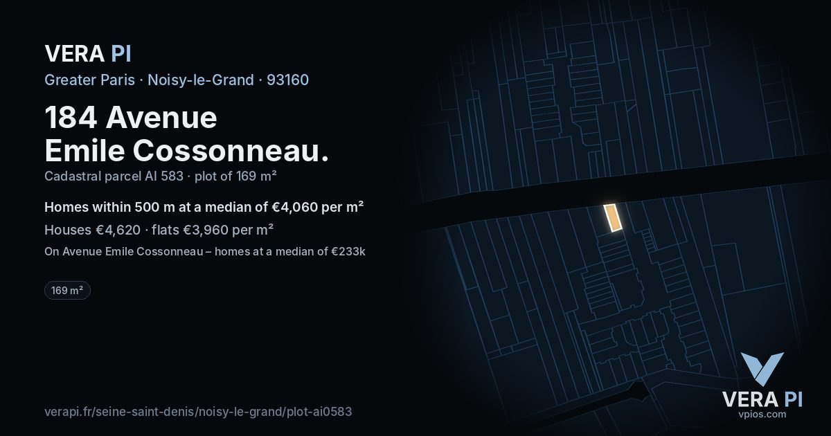 184 Avenue Emile Cossonneau, Noisy-le-Grand at night – the plot lit, the parcels around coloured by the prices near them