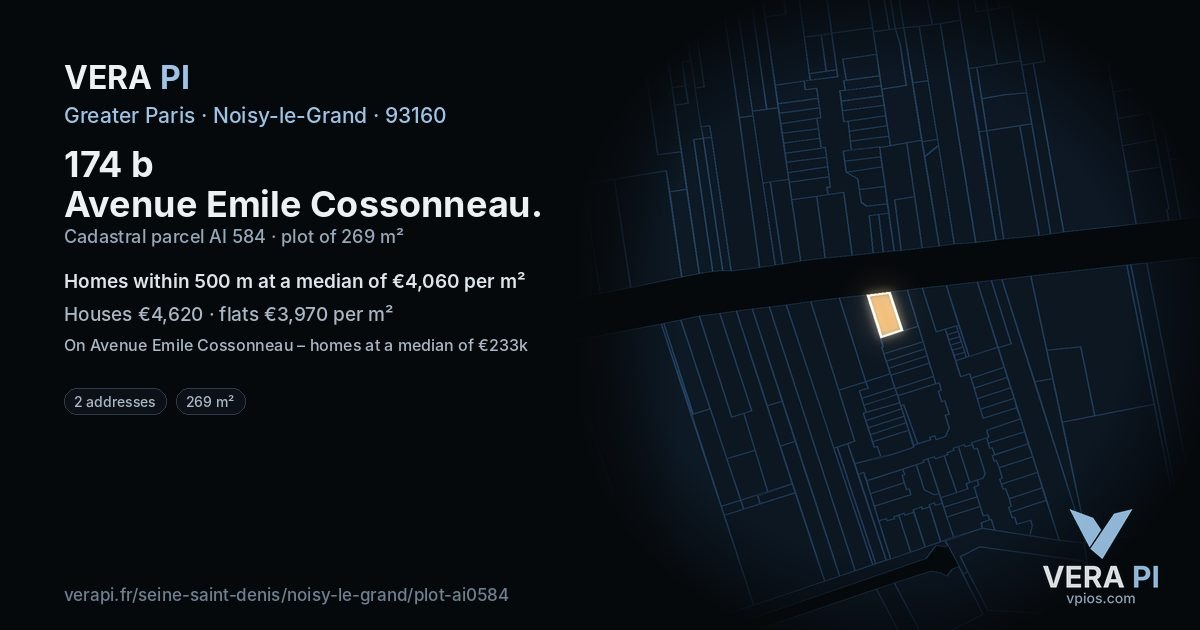 174 b Avenue Emile Cossonneau, Noisy-le-Grand at night – the plot lit, the parcels around coloured by the prices near them
