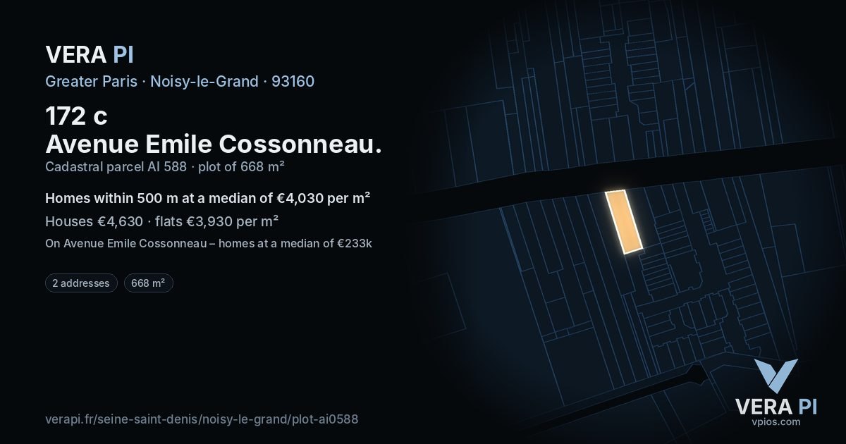 172 c Avenue Emile Cossonneau, Noisy-le-Grand at night – the plot lit, the parcels around coloured by the prices near them