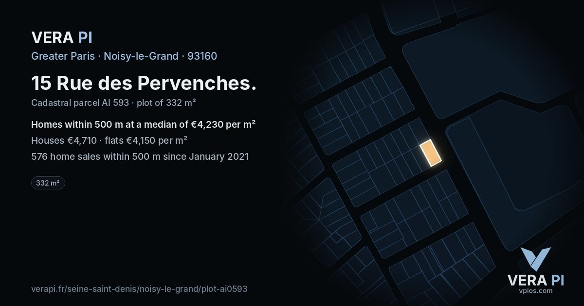 15 Rue des Pervenches, Noisy-le-Grand at night – the plot lit, the parcels around coloured by the prices near them