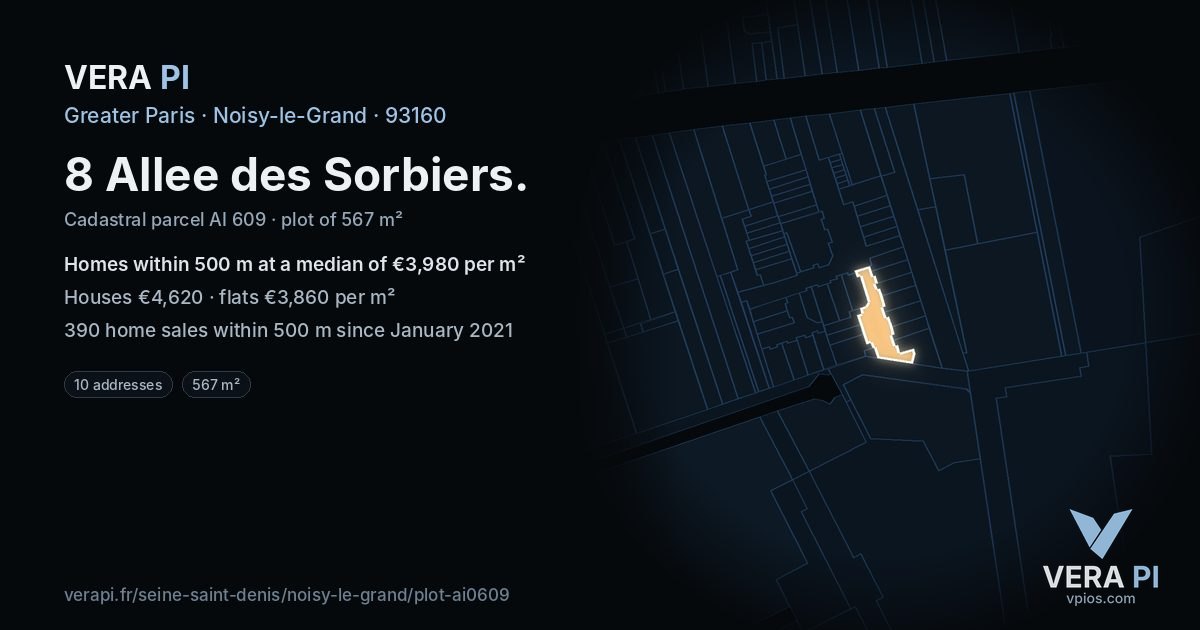 8 Allee des Sorbiers, Noisy-le-Grand at night – the plot lit, the parcels around coloured by the prices near them
