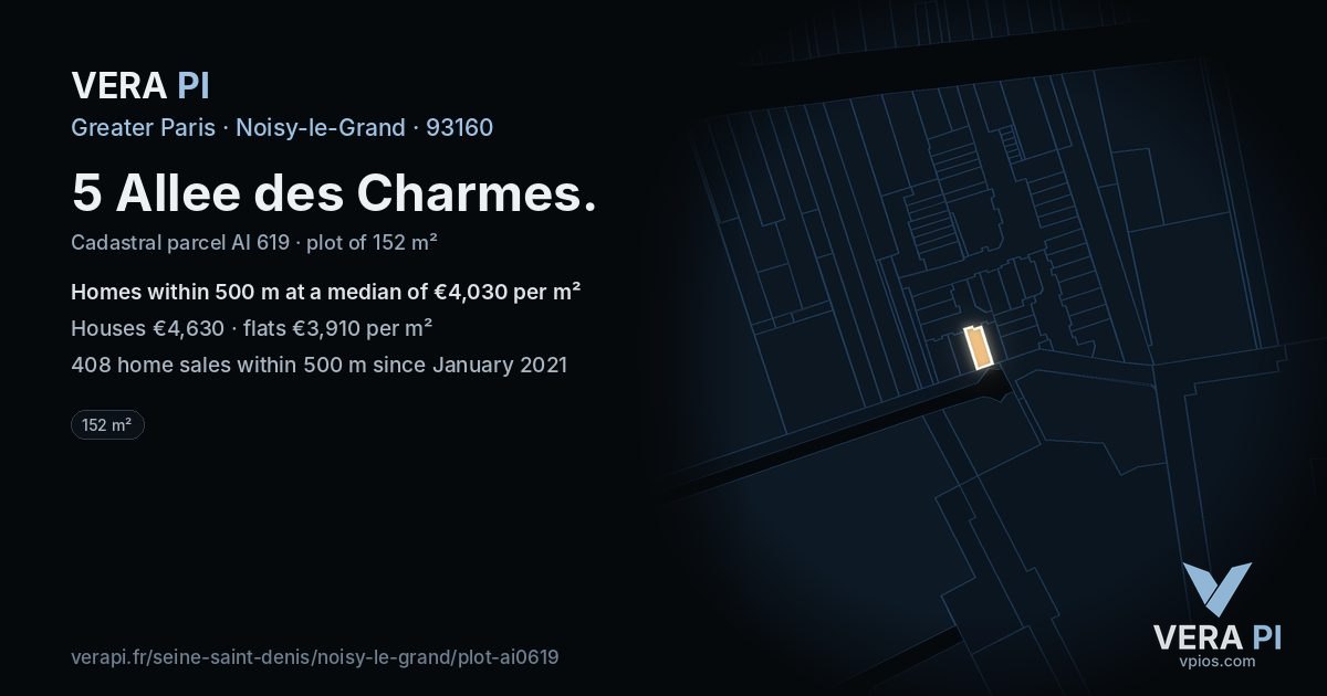 5 Allee des Charmes, Noisy-le-Grand at night – the plot lit, the parcels around coloured by the prices near them