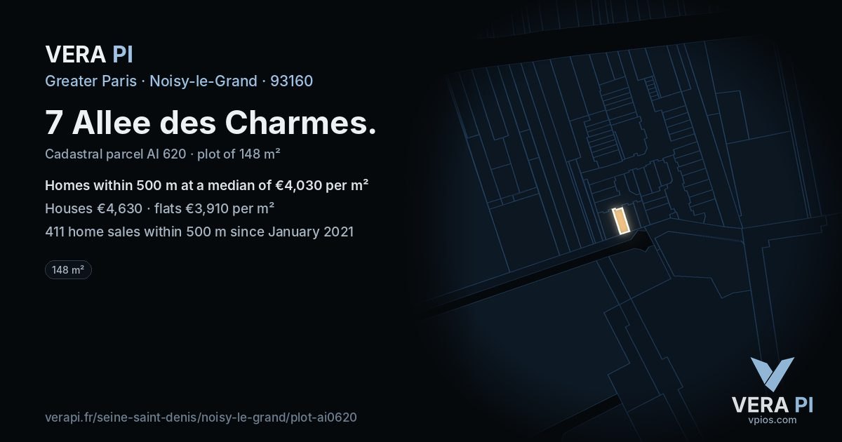 7 Allee des Charmes, Noisy-le-Grand at night – the plot lit, the parcels around coloured by the prices near them