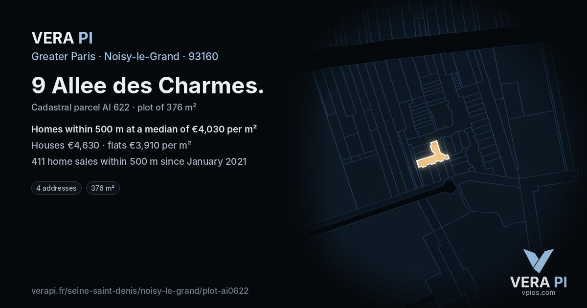 9 Allee des Charmes, Noisy-le-Grand at night – the plot lit, the parcels around coloured by the prices near them