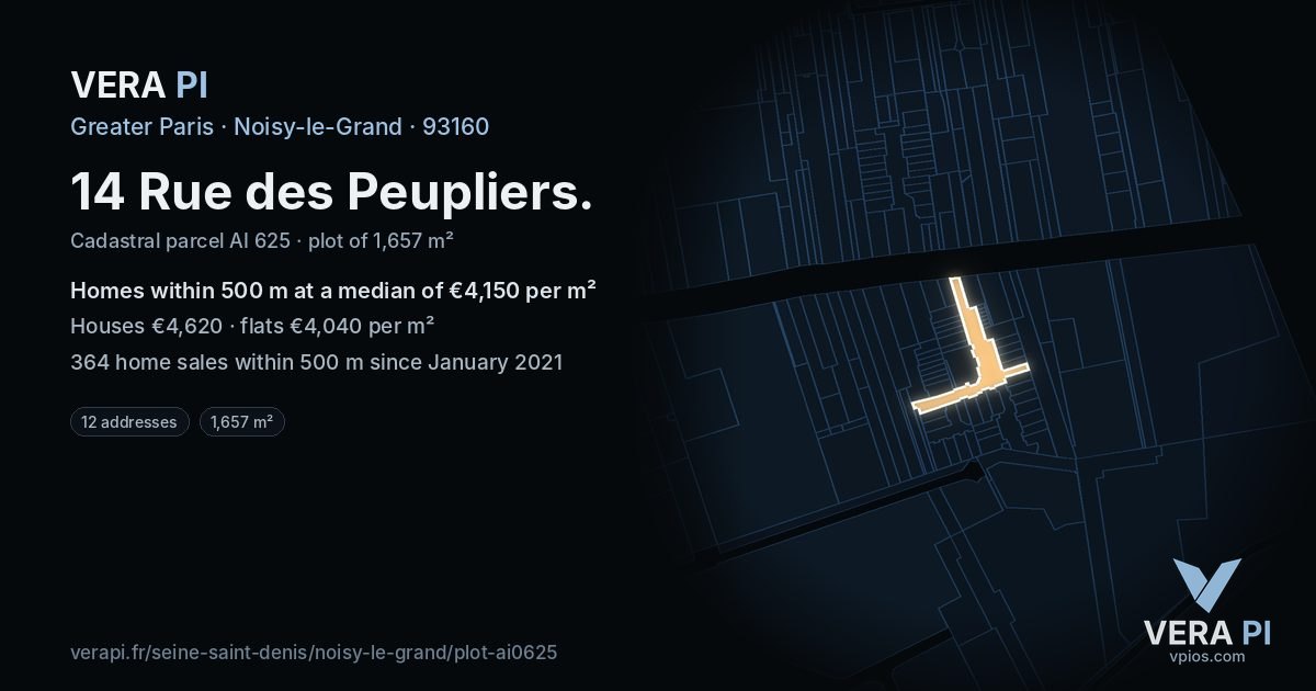 14 Rue des Peupliers, Noisy-le-Grand at night – the plot lit, the parcels around coloured by the prices near them