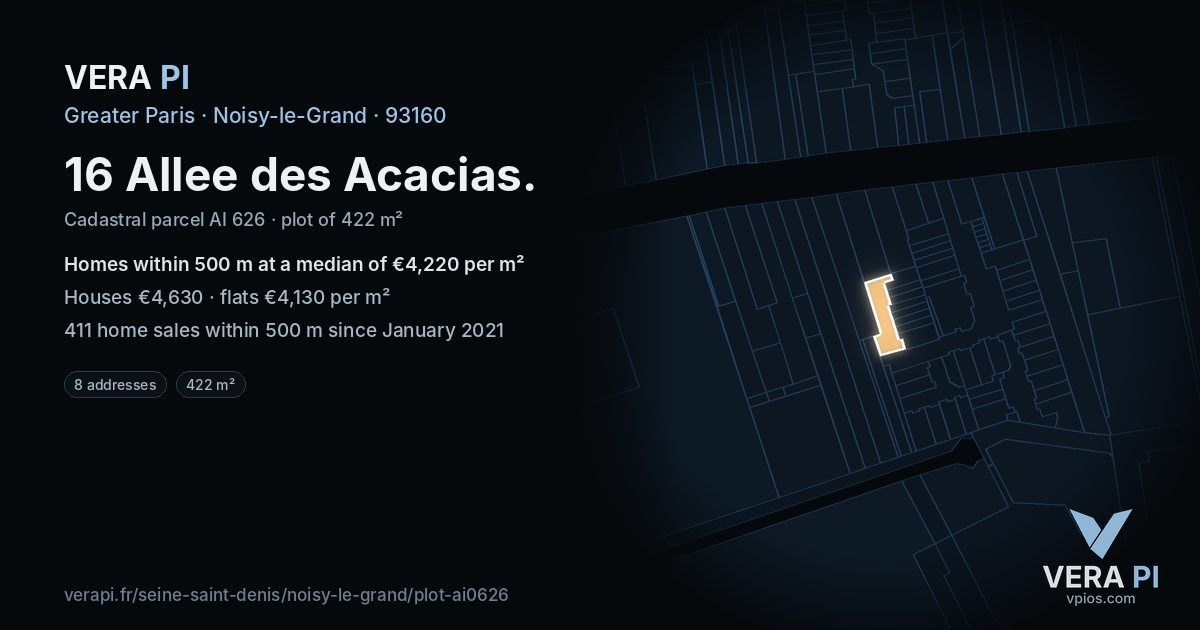 16 Allee des Acacias, Noisy-le-Grand at night – the plot lit, the parcels around coloured by the prices near them