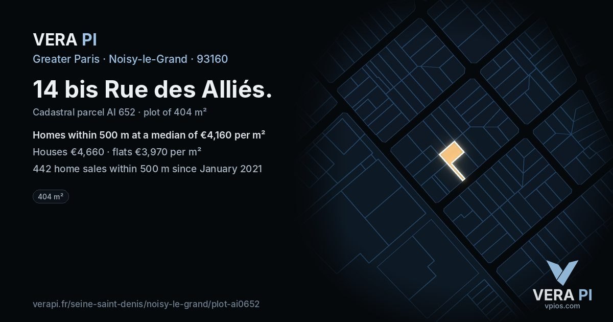 14 bis Rue des Alliés, Noisy-le-Grand at night – the plot lit, the parcels around coloured by the prices near them