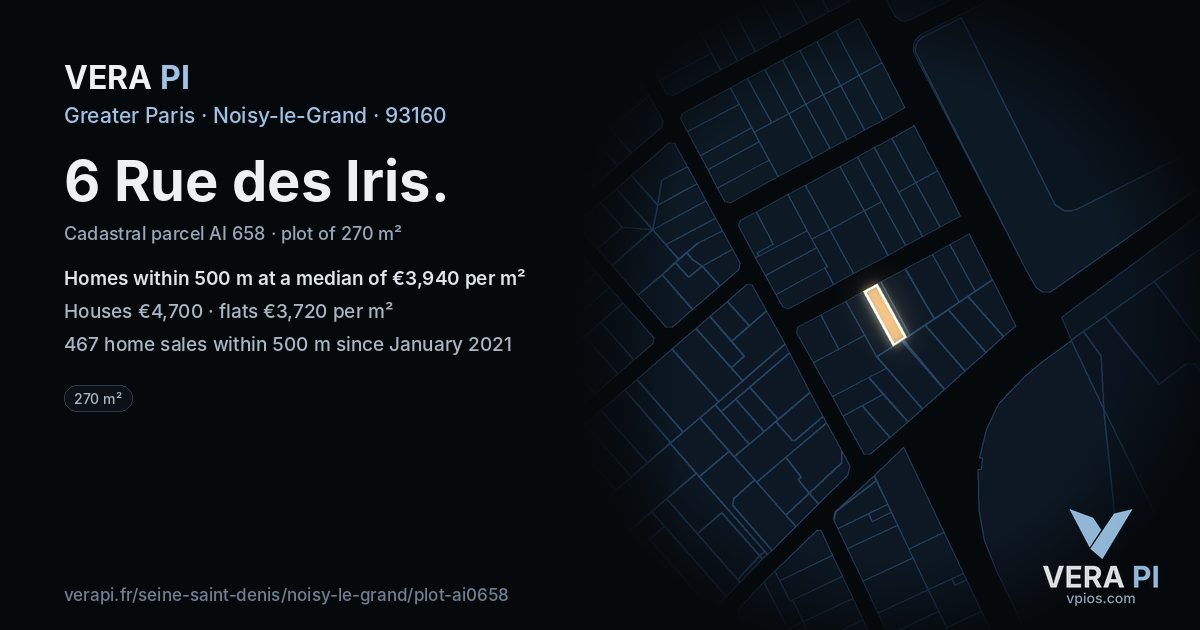 6 Rue des Iris, Noisy-le-Grand at night – the plot lit, the parcels around coloured by the prices near them