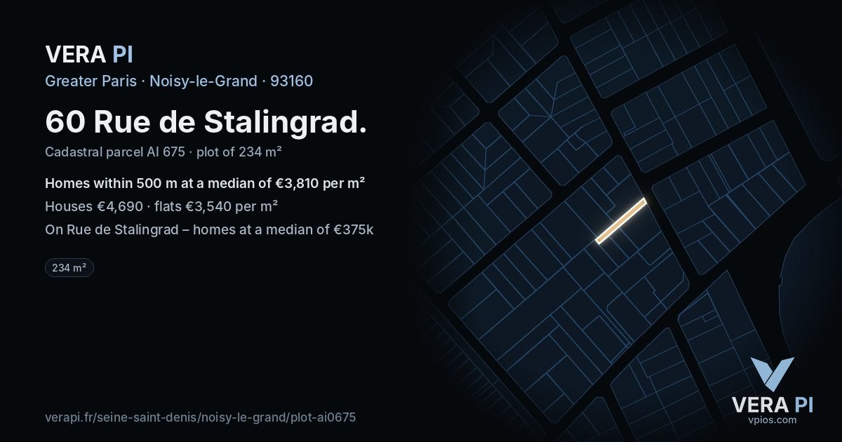 60 Rue de Stalingrad, Noisy-le-Grand at night – the plot lit, the parcels around coloured by the prices near them
