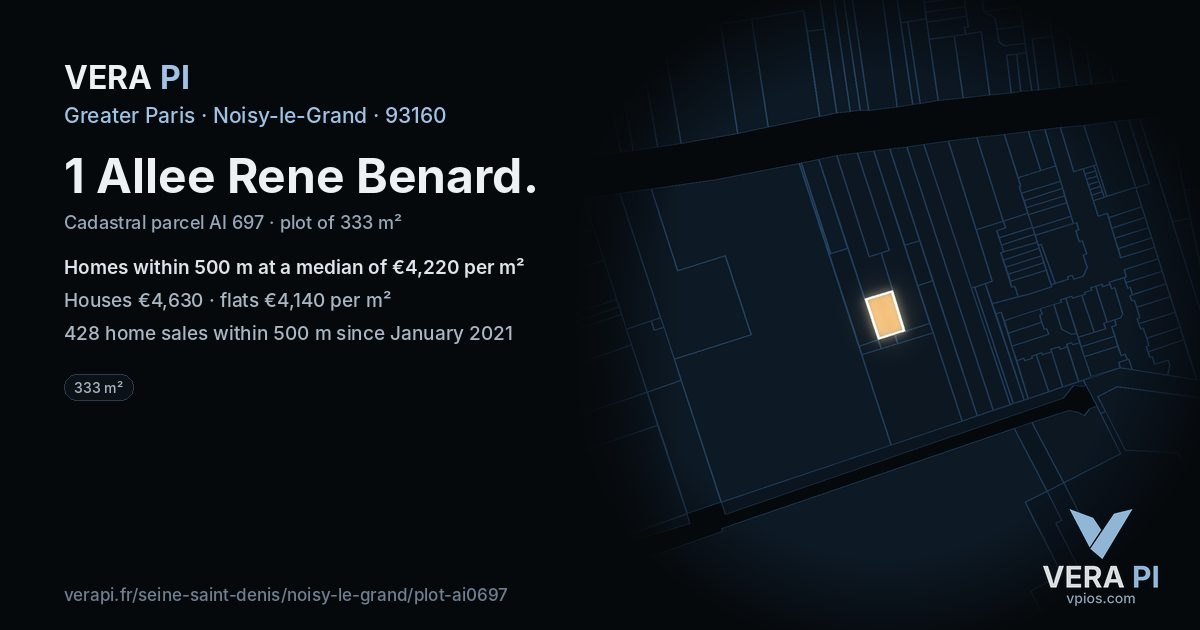 1 Allee Rene Benard, Noisy-le-Grand at night – the plot lit, the parcels around coloured by the prices near them