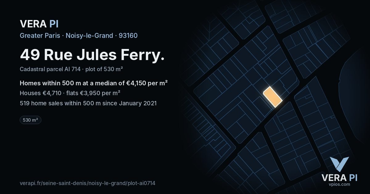 49 Rue Jules Ferry, Noisy-le-Grand at night – the plot lit, the parcels around coloured by the prices near them