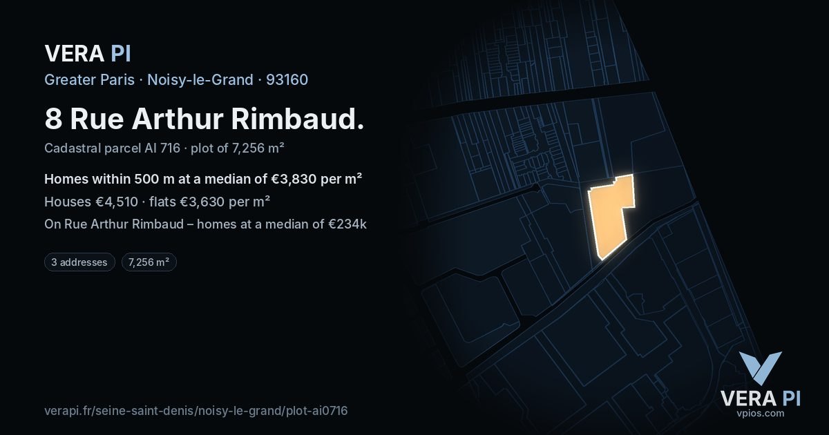8 Rue Arthur Rimbaud, Noisy-le-Grand at night – the plot lit, the parcels around coloured by the prices near them