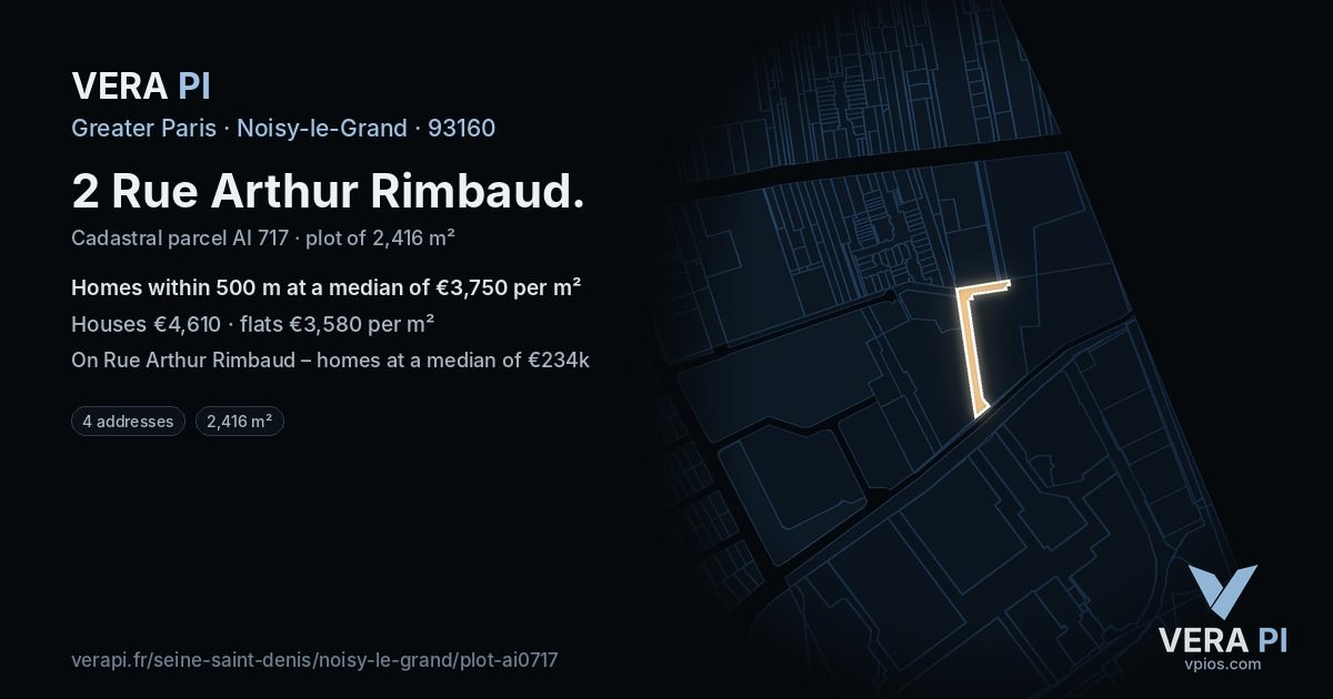 2 Rue Arthur Rimbaud, Noisy-le-Grand at night – the plot lit, the parcels around coloured by the prices near them
