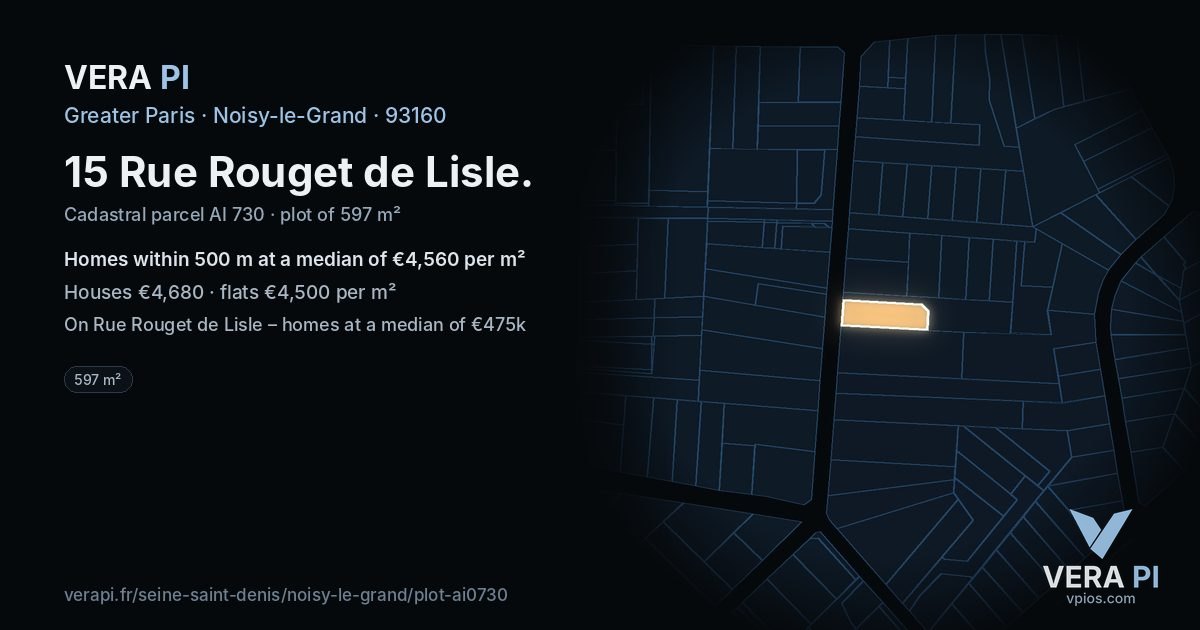 15 Rue Rouget de Lisle, Noisy-le-Grand at night – the plot lit, the parcels around coloured by the prices near them