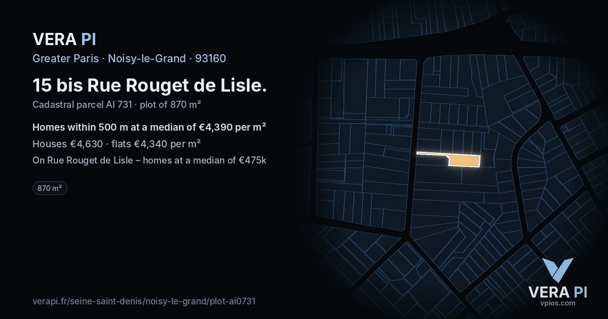 15 bis Rue Rouget de Lisle, Noisy-le-Grand at night – the plot lit, the parcels around coloured by the prices near them