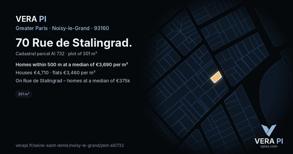 70 Rue de Stalingrad, Noisy-le-Grand at night – the plot lit, the parcels around coloured by the prices near them