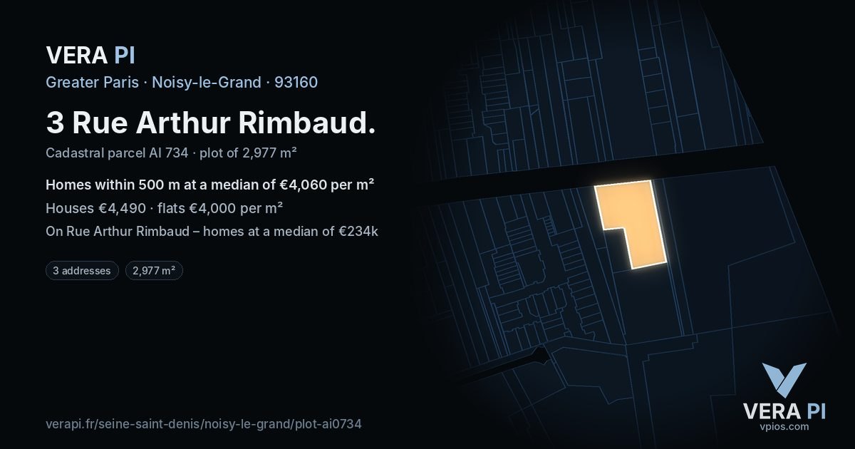 3 Rue Arthur Rimbaud, Noisy-le-Grand at night – the plot lit, the parcels around coloured by the prices near them