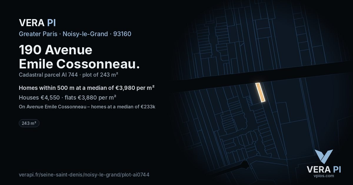 190 Avenue Emile Cossonneau, Noisy-le-Grand at night – the plot lit, the parcels around coloured by the prices near them