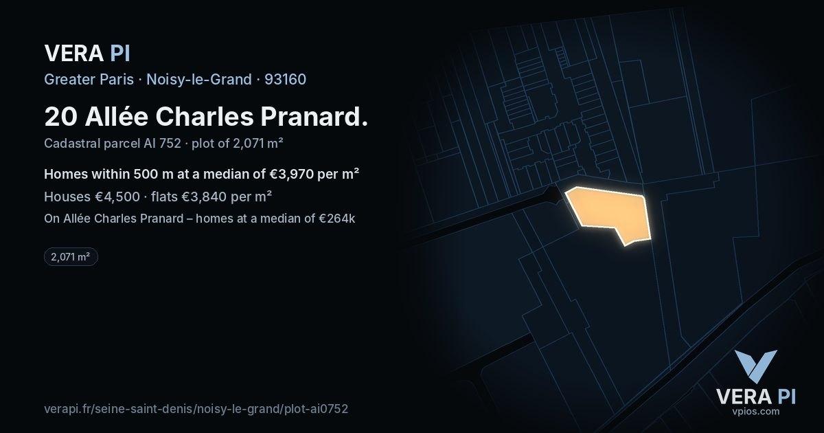 20 Allée Charles Pranard, Noisy-le-Grand at night – the plot lit, the parcels around coloured by the prices near them